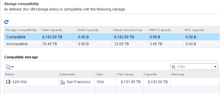 Storage compatibility as defined by the VM storage policy screen capture