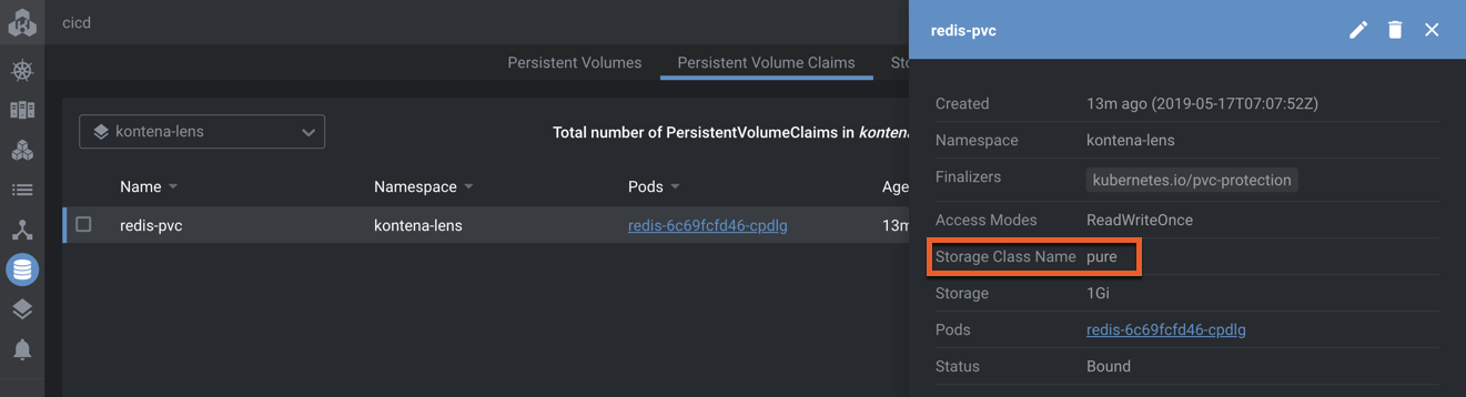 Pure Storage PVC used by Kontena Lens for Redis persistence
