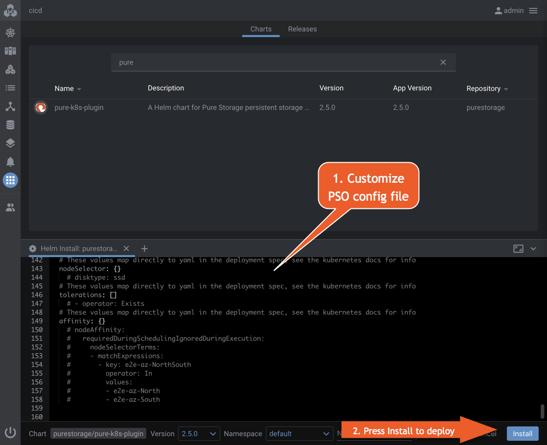 Pure Service Orchestrator Helm Chart installation process in Kontena Lens