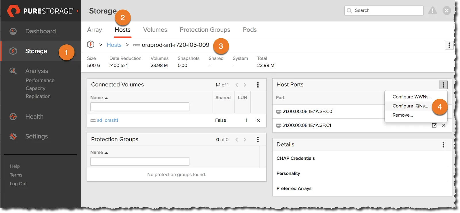 Configure IQN for a host in FlashArray