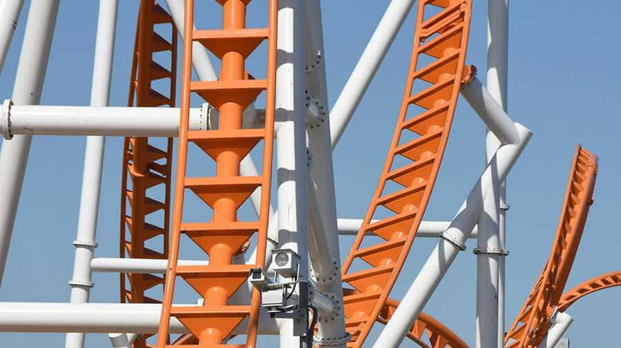 Low Angle View Of Rollercoaster Against Clear Blue Sky Rollercoaster - iStock-1169621770