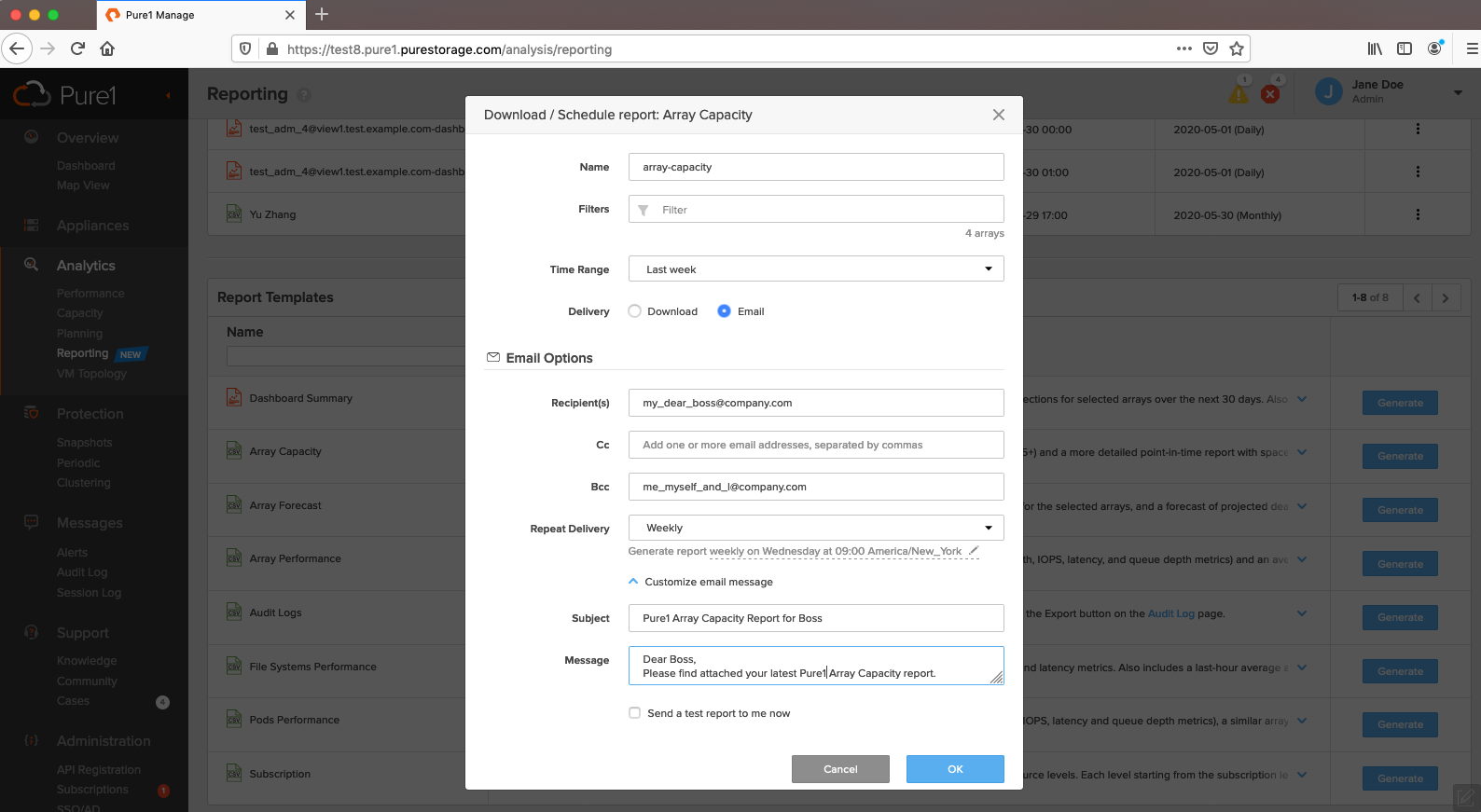 Pure1 Report Center report scheduling 