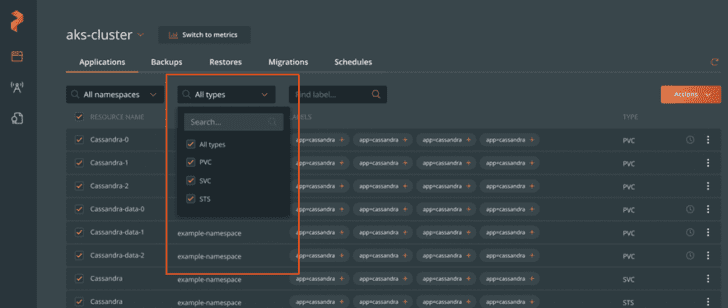 PX-Backup －バックアップするリソースタイプまたは個々のオブジェクトを選択