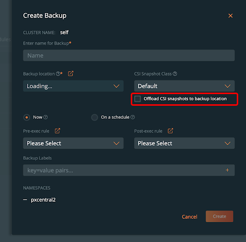 PX-Backup 2.1 - Offload CSI snapshots to backup location を選択